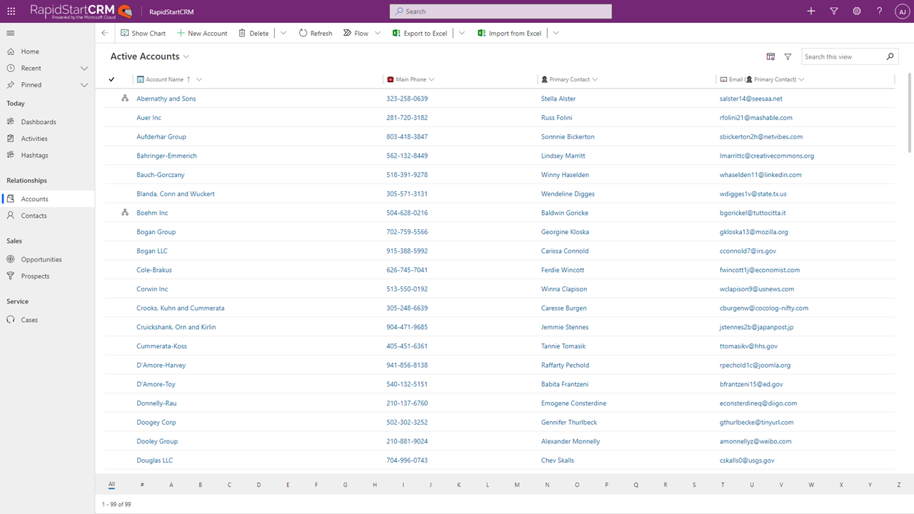 screenshot of RapidStart CRM